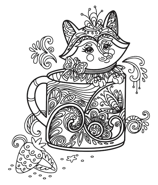 Kawaii cute fox in a cup coloring