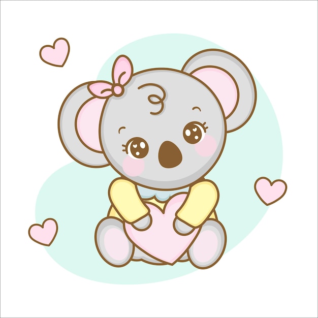 Kawaii cute koala in dress sitting hugging heart illustration