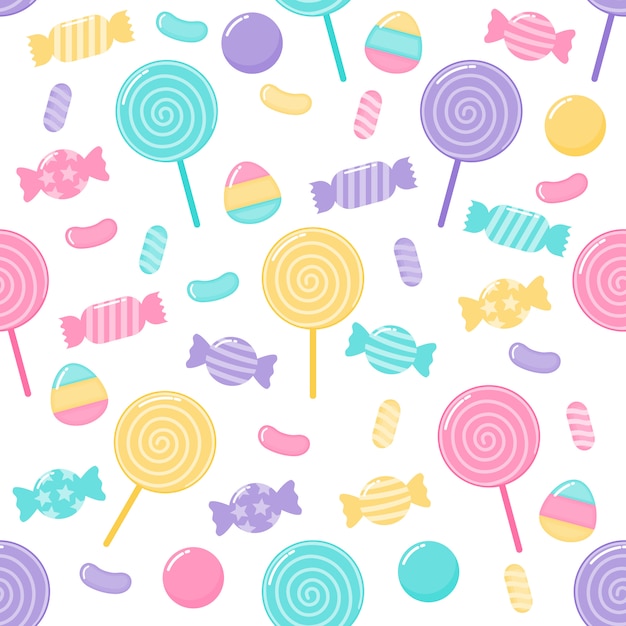 kawaii Cute Pastel Candy sweet desserts Seamless pattern with different types 