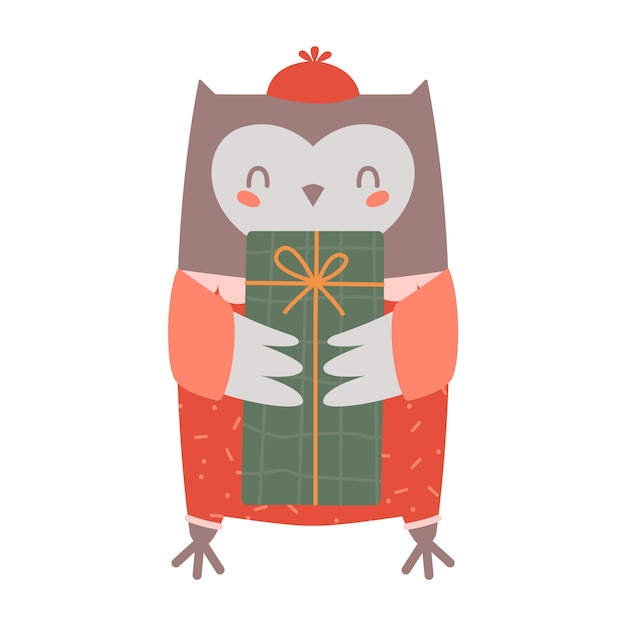 Kawaii' cute standing owl in hat with present. Vector isolated creative kid' clip art. Flat sticker.