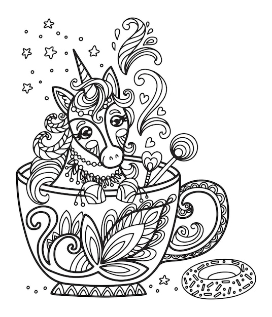 Kawaii cute unicorn in a cup coloring