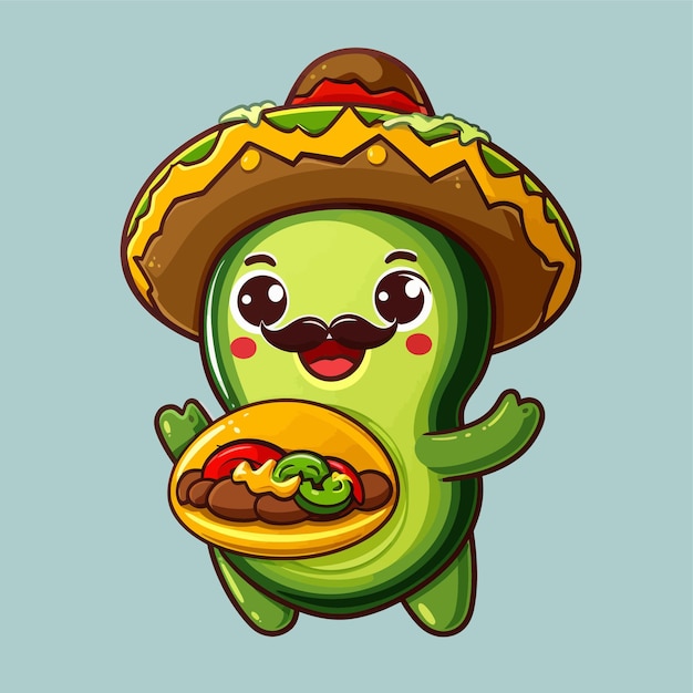 kawaii cute vector logo sticker of avocado wearing a sombrero hat crown flowers holding a pizza hamburger