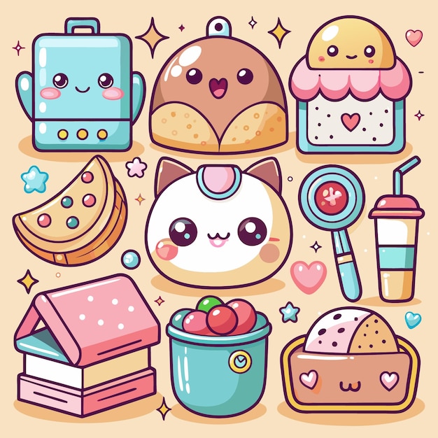 Vector kawaii delight set of adorable vector elements