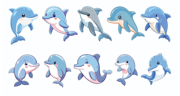 Kawaii Dolphin Illustrations Vector Set