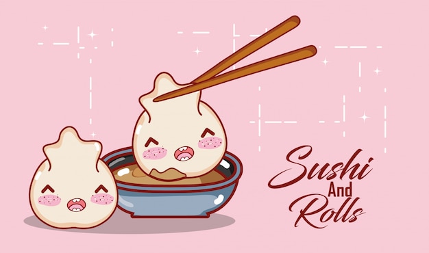 Kawaii dumpllings sauce and chopsticks food japanese cartoon, sushi and rolls