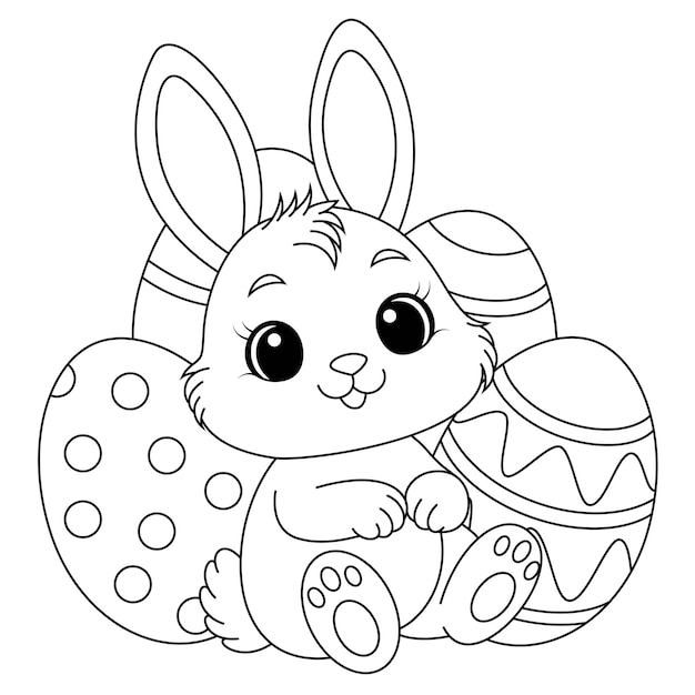 Kawaii Easter Bunny with easter eggs coloring page