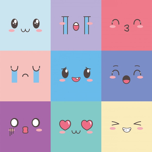 Kawaii faces expression cartoon emoticon square color set