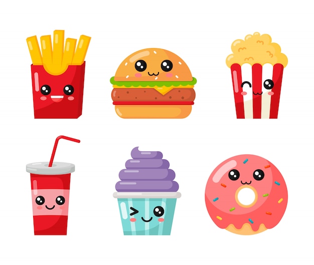 kawaii fast food  set cartoon style isolated