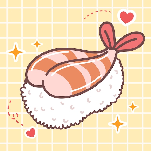 Kawaii food cartoon of ebi prawn nigiri sushi vector icon of cute japanese anime manga sticker style