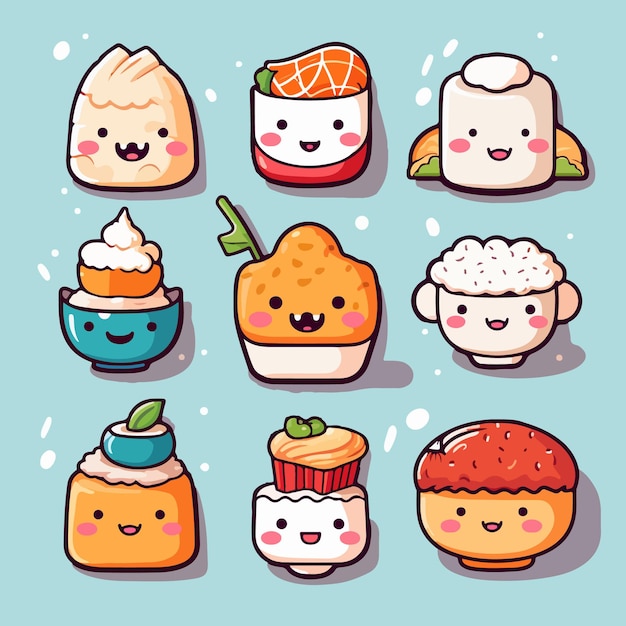 Kawaii food cartoon flat vector illustration set with isolated background