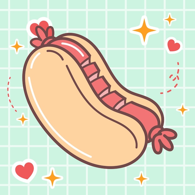 Kawaii food cartoon of sausage hotdog illustration vector icon of cute japanese anime manga style