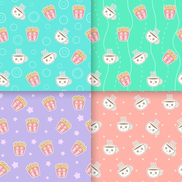 Kawaii food seamless pattern set