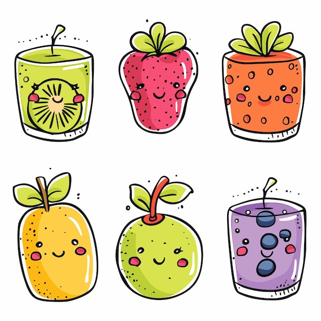 Kawaii fruit characters smiling cute illustration juicy strawberry happy lime cheerful orange