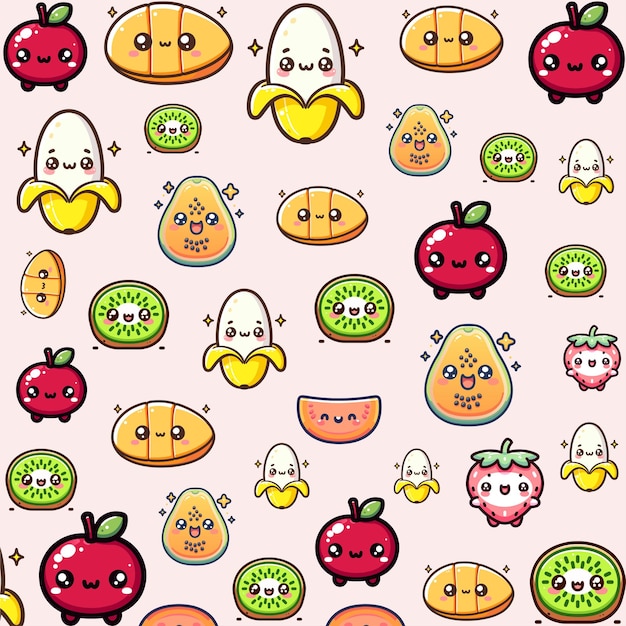 Kawaii Fruits Patterns Vector Bundle