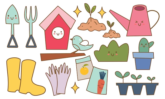 Kawaii garden doodle set vector