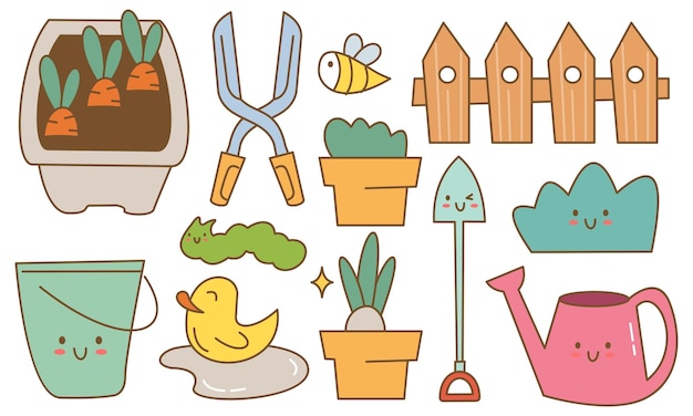 Kawaii garden doodle set vector