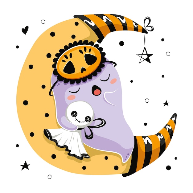 Kawaii ghost sleeping on moon for Halloween cartoon vector illustration