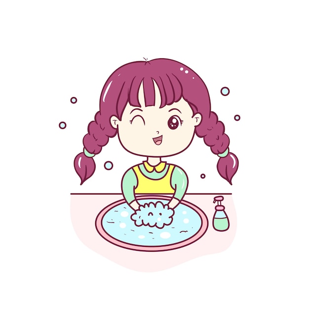 Kawaii girl washing hands llustration