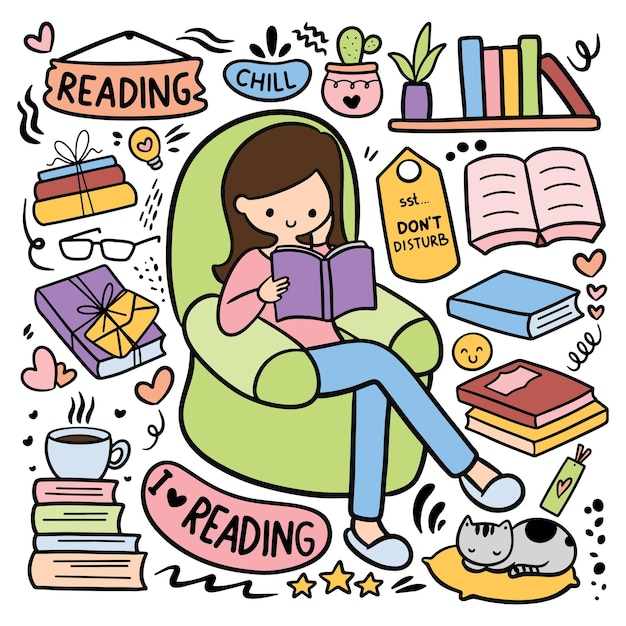 kawaii hand drawn reading book hobby doodle vector illustration