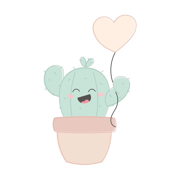 Kawaii happy cute cacti cartoon with heart holding balloon