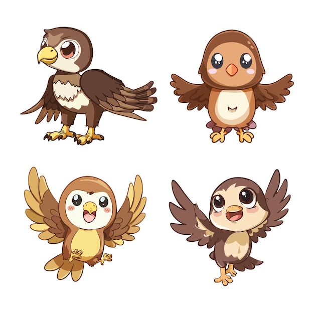 Kawaii Hawk Illustrations Vector Bundle