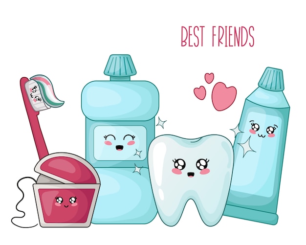 Kawaii healthy tooth and dental floss toothpaste brush