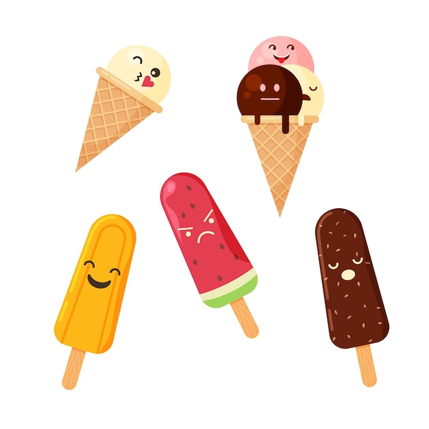 Kawaii ice cream cone. Ice lolly cartoon characters. Vector illustration isolated on white.