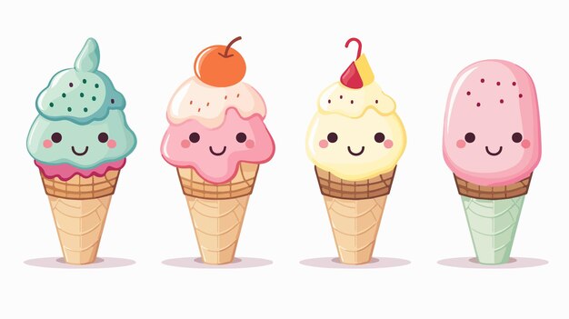 Vector kawaii ice creams design flat vector isolated on white background