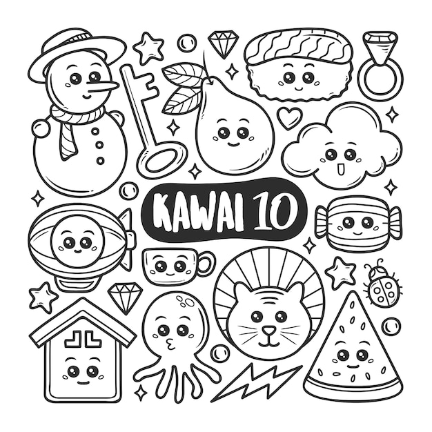 Vector kawaii icons  hand drawn doodle coloring