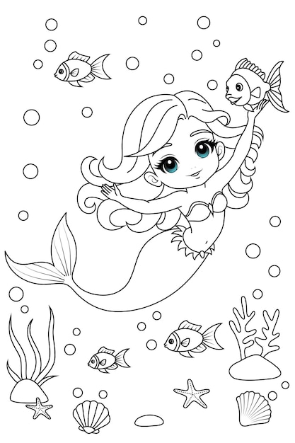 Kawaii mermaid princess playing with fishes coloring page