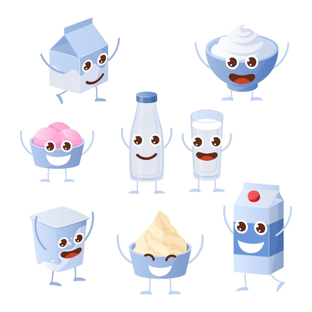 Kawaii milk Funny cartoon dairy products with cute faces Cream and cheese mascots Happy food characters smile and wave hands Yogurt bottles and packages Vector breakfast meal set