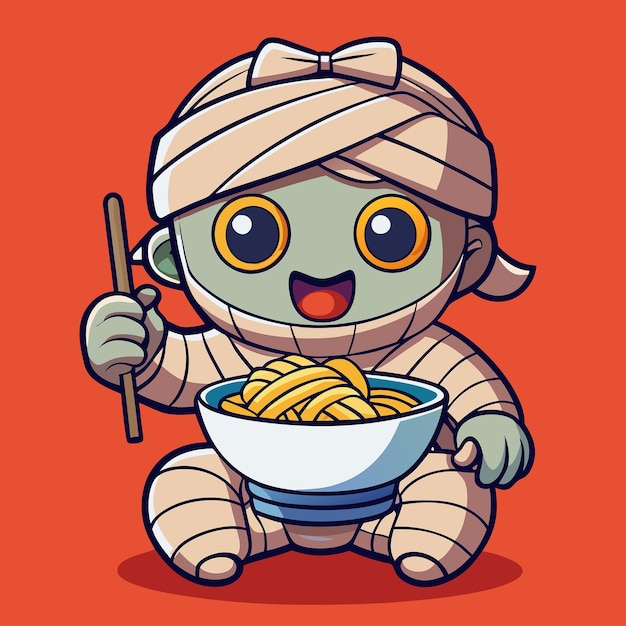 Vector kawaii mummy savouring ramen noodles with chopsticks on a cart