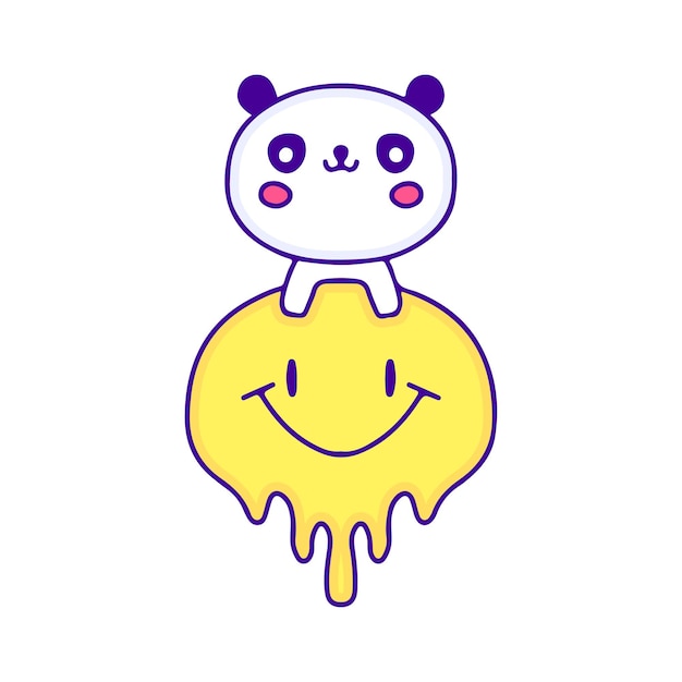 Kawaii panda bear with melted smile emoji face doodle art, illustration for t-shirt, sticker.