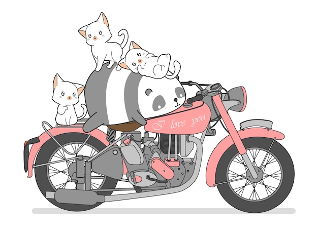 Kawaii panda and cats with motorcycle.