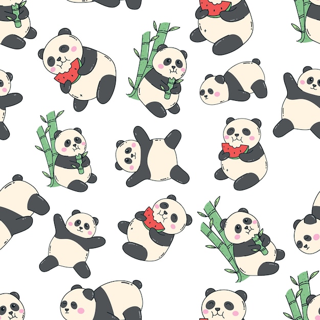 kawaii panda cute character eat watermelon and bamboo in seamless pattern