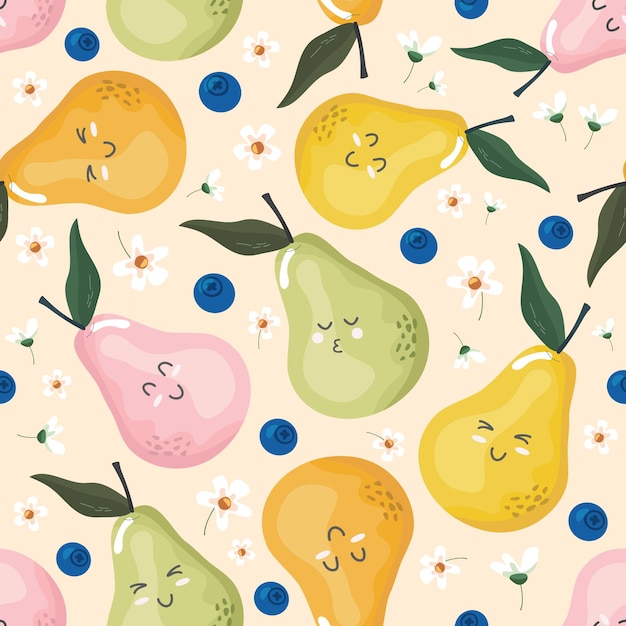 Kawaii pears seamless pattern with Cute fruit characters