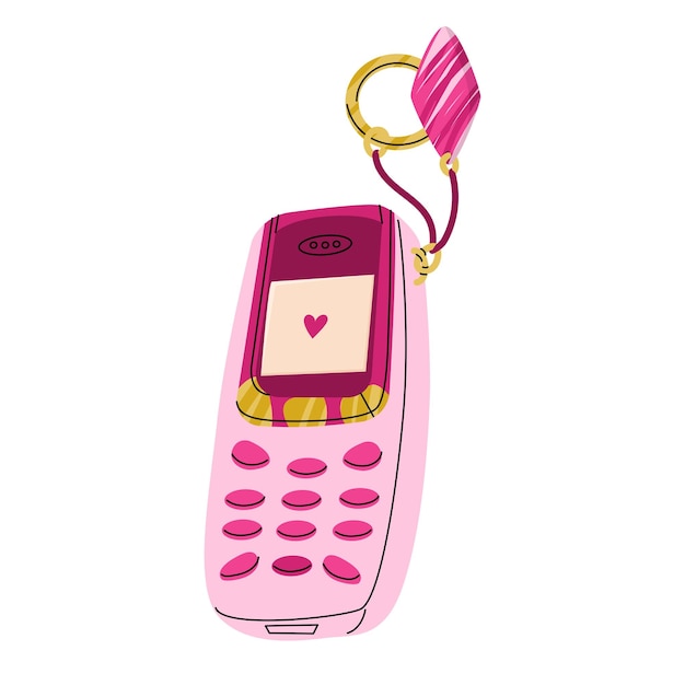 Kawaii pink mobile phone in 2000s style with a key ring Stylish retro accessory for girls Sticker design or print for tshirt and postcard Vector illustration isolated on white background