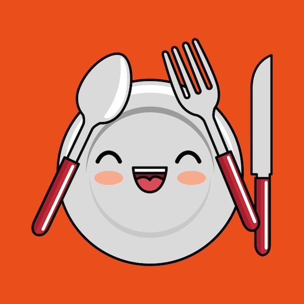 kawaii plate fork spoon knife icon design 