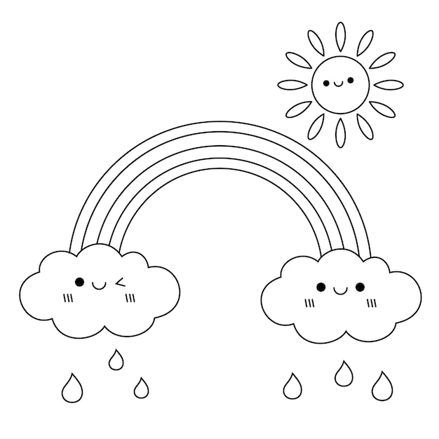 Kawaii rainbow and sun coloring page