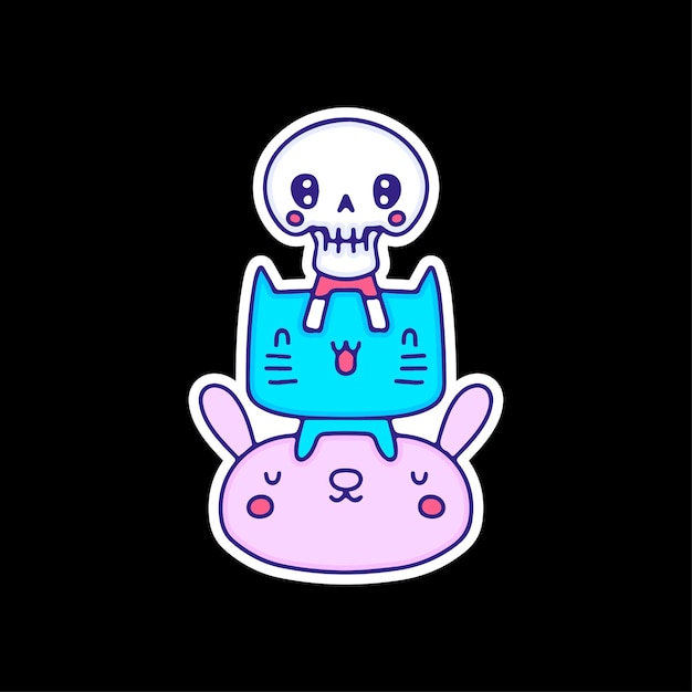 Kawaii skull, cat, and bunny character, illustration for t-shirt, sticker