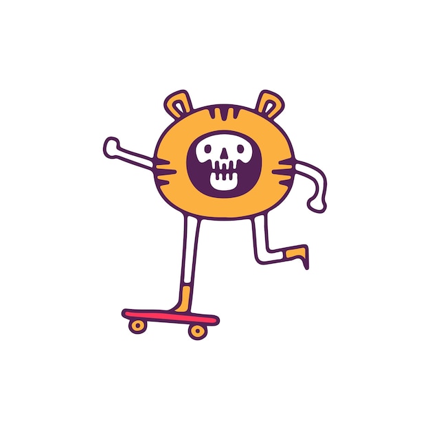 Kawaii skull in tiger costume riding skateboard, illustration for t-shirt, street wear, sticker.