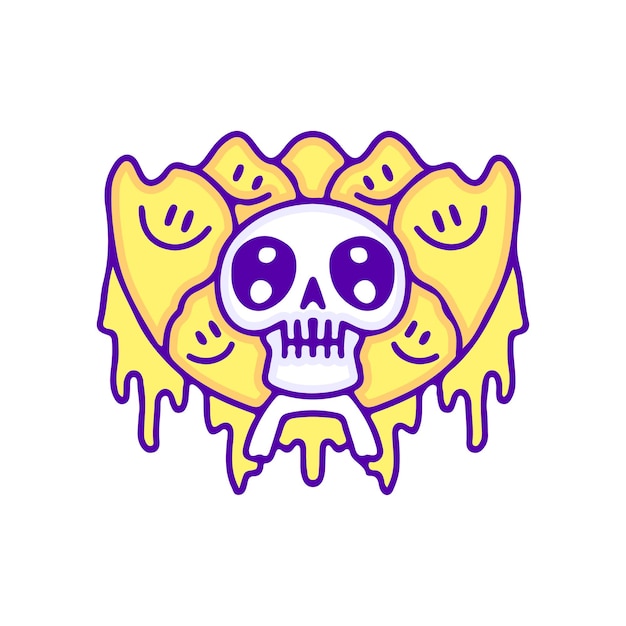 Kawaii skull with melted smile emoji face doodle art, illustration for t-shirt, sticker.