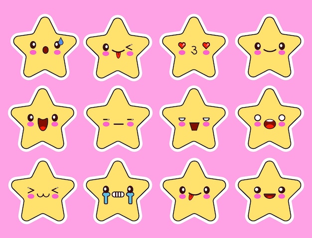 Kawaii stars cartoon character set face with eyes yellow color on pink background Flat design Vector Illustration