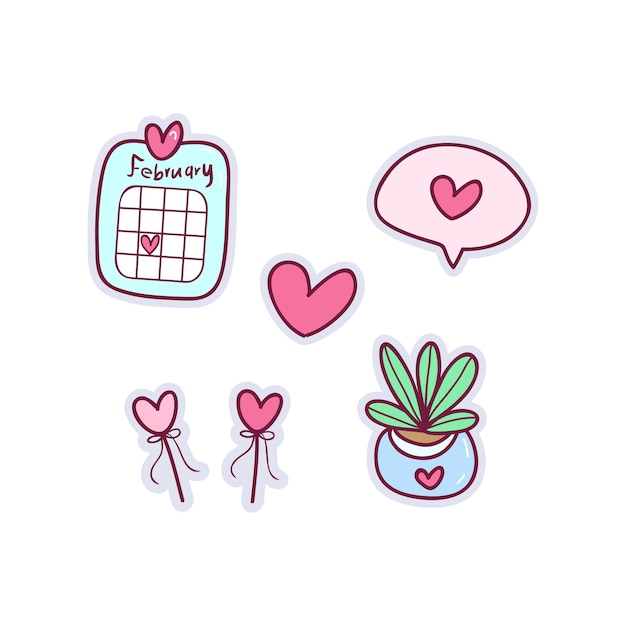 Kawaii style set of hand drawn heart and love doodle illustrations