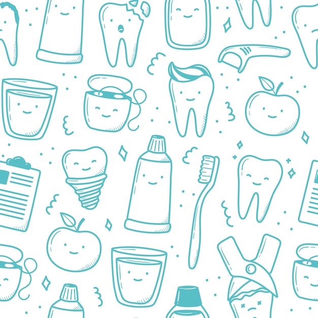 Kawaii teeth pattern hand drawn in doodle style cute linear simple illustrations