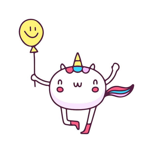 Kawaii unicorn holding balloon with smile face, illustration for t-shirt, sticker, or apparel.