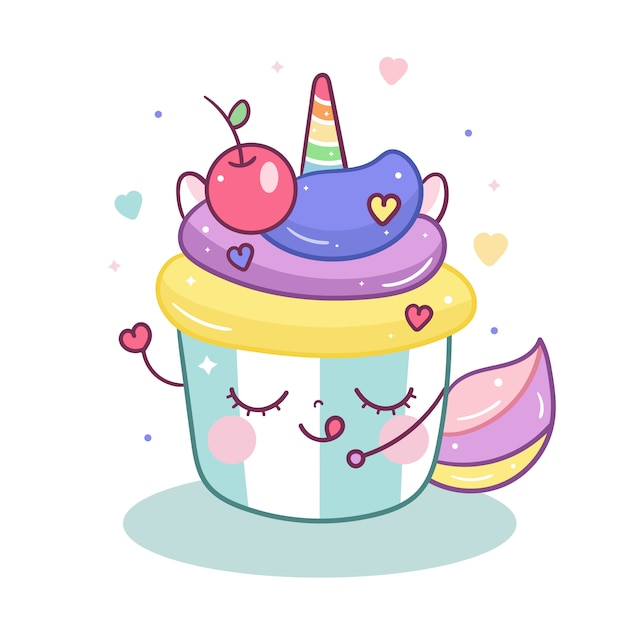 Kawaii Unicorn with sweet cupcake cartoon