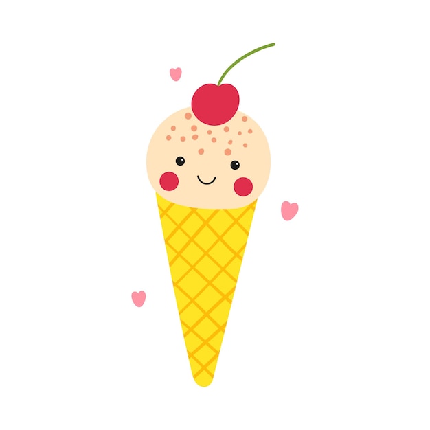 Kawaii wafer ice cream cone with cute little cherry on it Funny vector illustration in doodle style