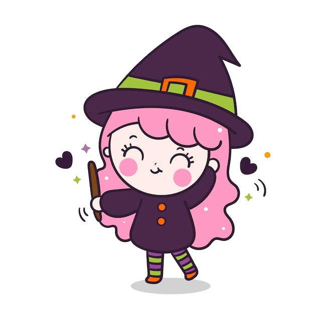 Kawaii witch girl holding magic wand