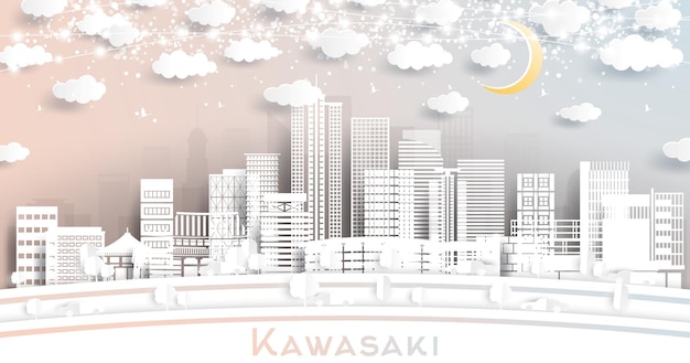 Kawasaki Japan City Skyline in Paper Cut Style with White Buildings Moon and Neon Garland